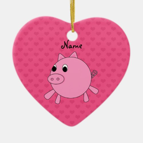 Personalized name pink pig hearts ceramic ornament
