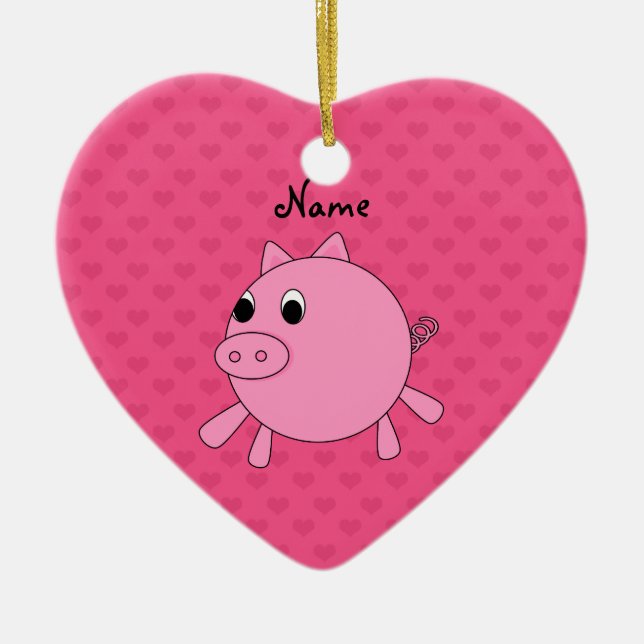 Personalized name pink pig hearts ceramic ornament (Front)