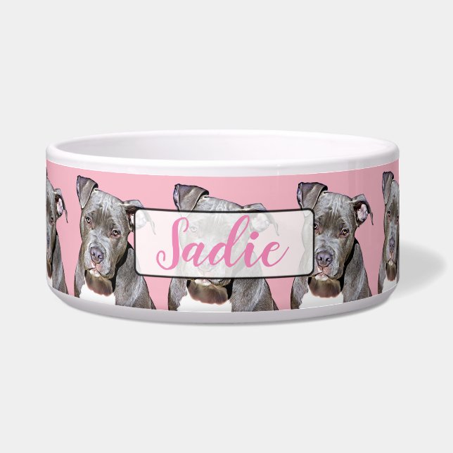 Personalized Name Pink Pit bull  Dog Bowl (Front)