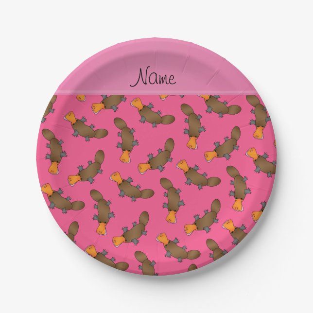 Personalized name pink platypus pattern paper plates (Front)