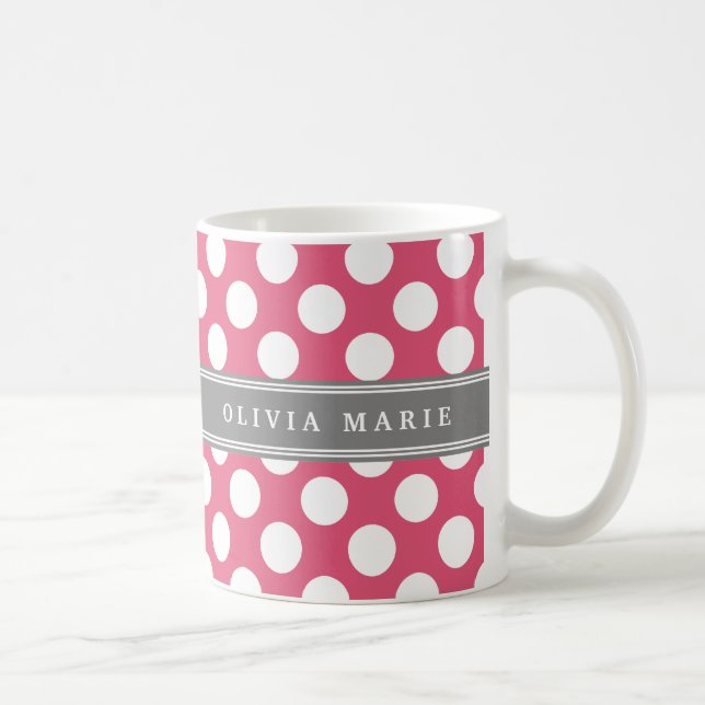 Personalized Name Pink Polka Dots Pattern Coffee Mug (Right)