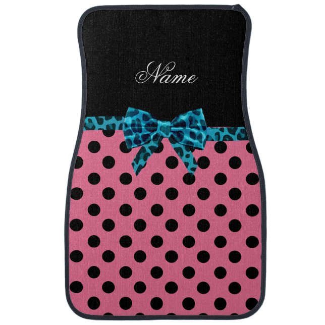 Personalized name pink polka dots turquoise bow car floor mat (Front)