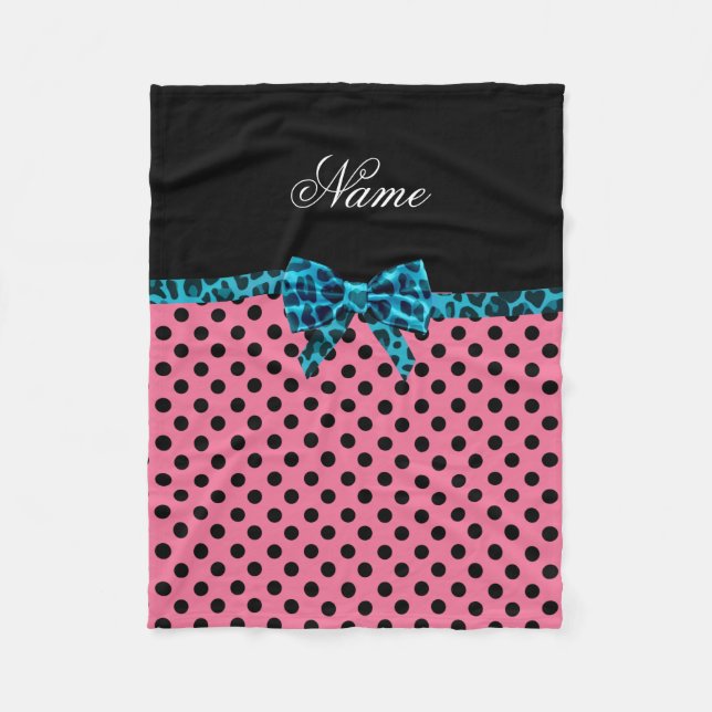 Personalized name pink polka dots turquoise bow fleece blanket (Front)