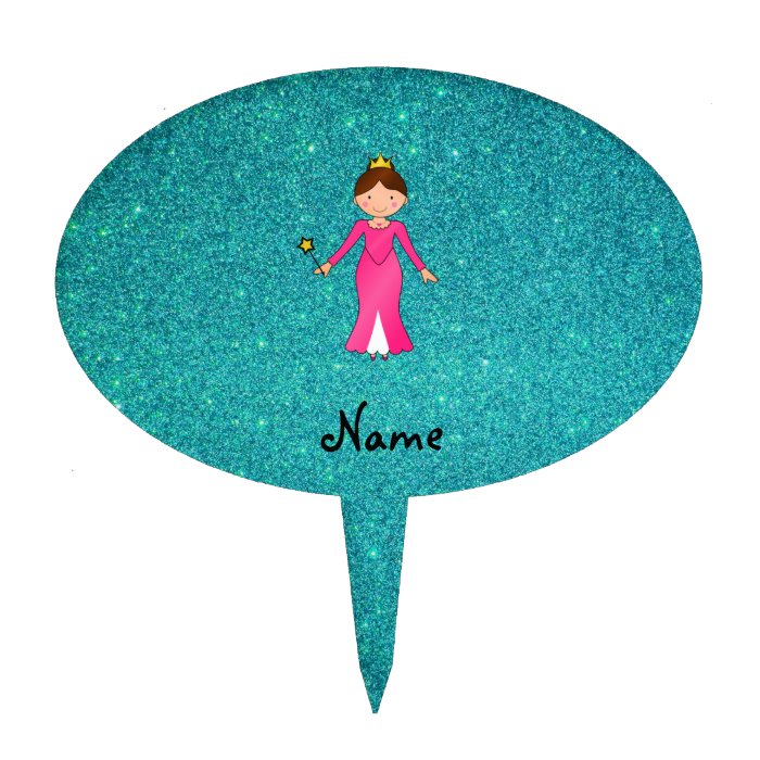 Personalized name pink princess turquoise glitter cake topper