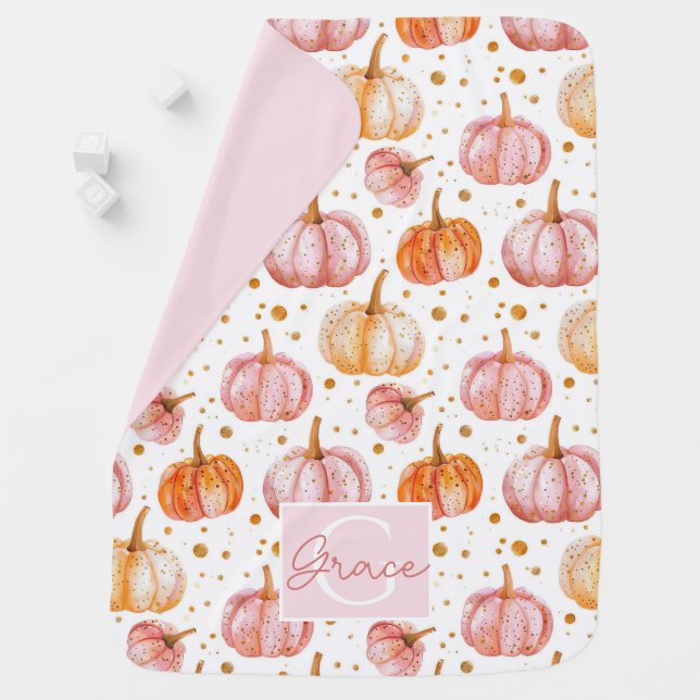 Personalized Name Pink Pumpkin Fall Pattern Blanke Baby Blanket (In Situ)