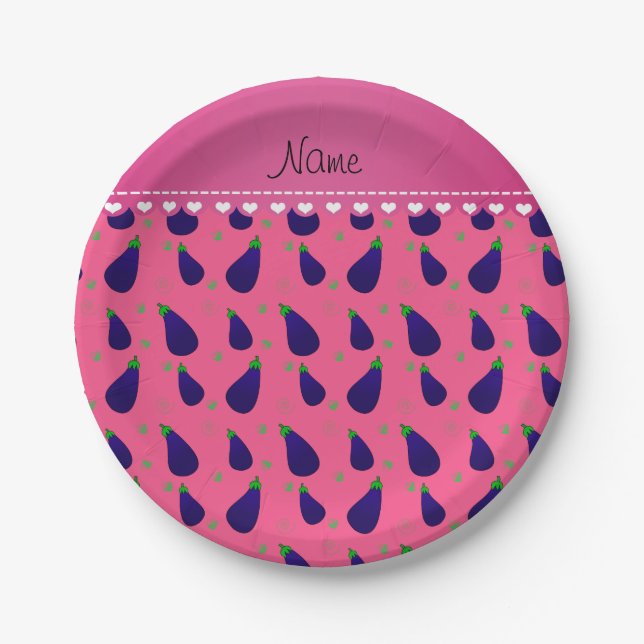 Personalized name pink purple eggplants paper plates (Front)