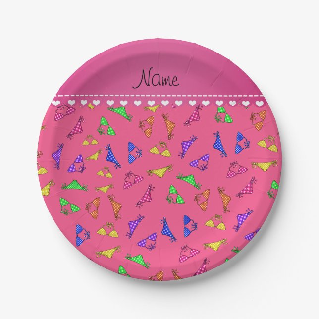 Personalized name pink rainbow bikinis paper plates (Front)