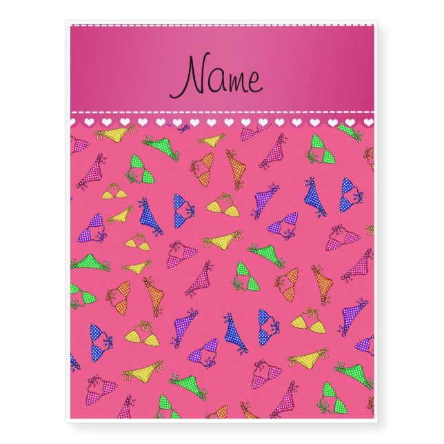 Personalized name pink rainbow bikinis temporary tattoos (Front)