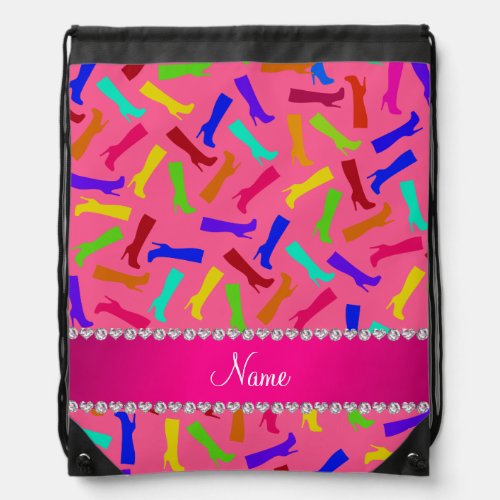 Personalized name pink rainbow boots drawstring bag