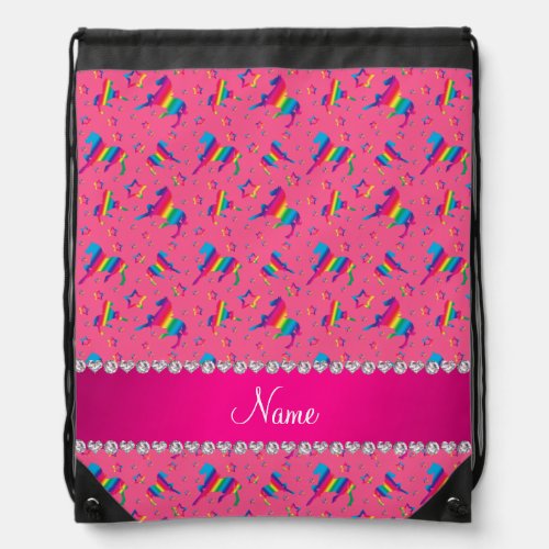 Personalized name pink rainbow horses stars drawstring bag