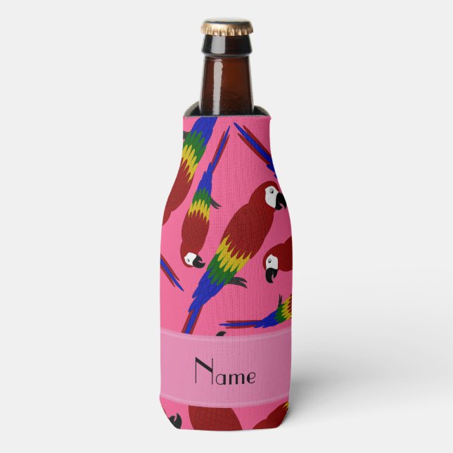 Personalized name pink red parrots bottle cooler (Bottle Front)