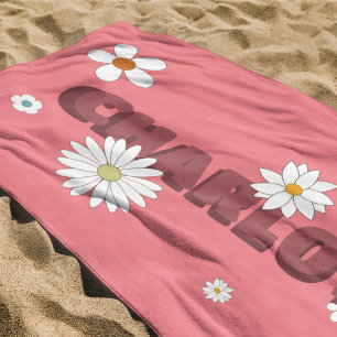 Personalized Name Pink Retro Style Flowers Beach Towel