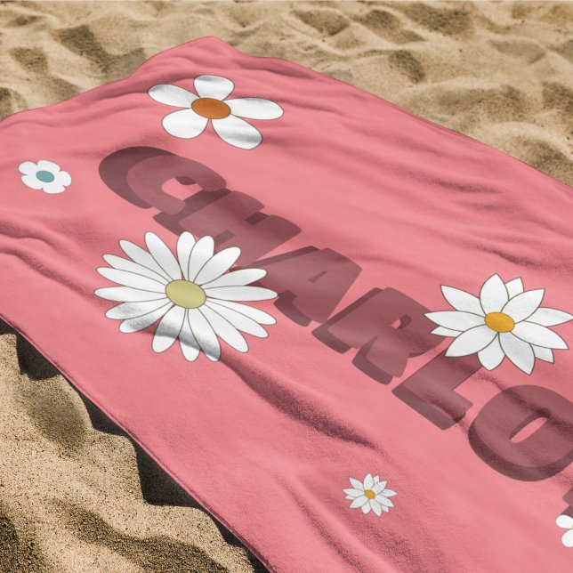 Personalized Name Pink Retro Style Flowers Beach Towel (Personalized Name Pink Retro Style Flowers Beach Towel)