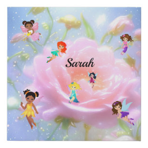 Personalized name pink rose and fairies faux canvas print