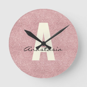 Personalized Name Pink Rosegold Glitter Round Clock
