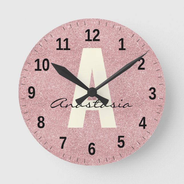 Personalized Name Pink Rosegold Glitter Round Clock (Front)