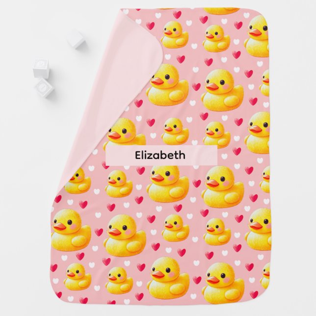 Personalized Name Pink Rubber Duck Heart Baby Blanket (In Situ)