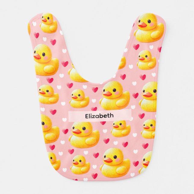 Personalized Name Pink Rubber Duck HeartBaby Bib (Front)