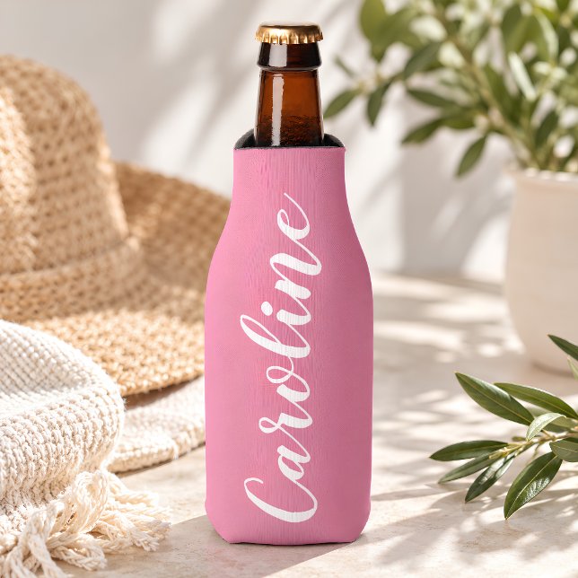 Personalized Name Pink Script Bachelorette Party Bottle Cooler (Creator Uploaded)