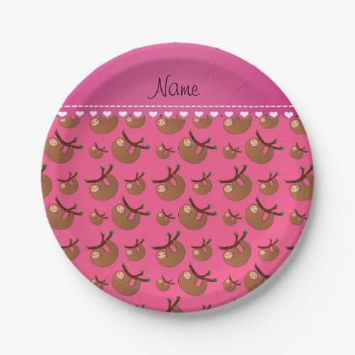 Personalized name pink sloth pattern paper plates