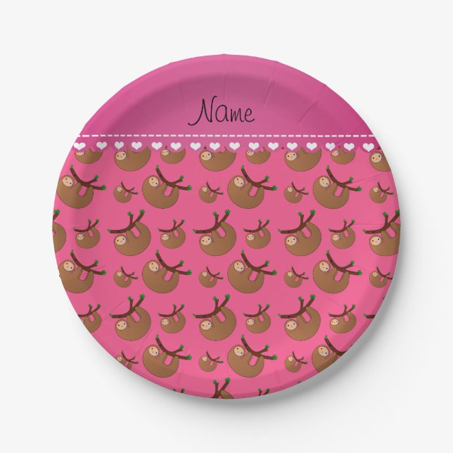 Personalized name pink sloth pattern paper plates (Front)