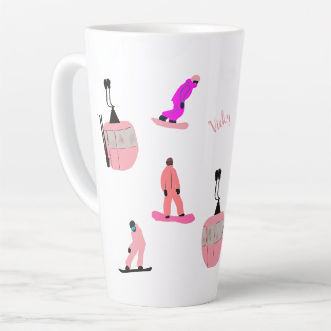Personalized Name Pink Snowboard Snowboarding Latte Mug (Left Angle)
