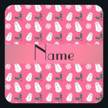 Personalized name pink snowman christmas square sticker<br><div class="desc">Cute snowman gift ideas. Modern and trendy Custom name Christmas snowman snowflakes holly pattern background and with pink stripe personalized with just add your name gifts or monogram gifts or your initials for a unique gift. Christmas gift ideas for the holidays with a cute snowman with pink carrot and pink...</div>