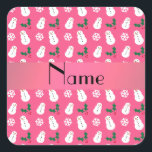 Personalized name pink snowman christmas square sticker<br><div class="desc">Cute snowman gift ideas. Modern and trendy Custom name Christmas snowman snowflakes holly pattern background and with pink stripe personalized with just add your name gifts or monogram gifts or your initials for a unique gift. Christmas gift ideas for the holidays with a cute snowman with pink carrot and pink...</div>