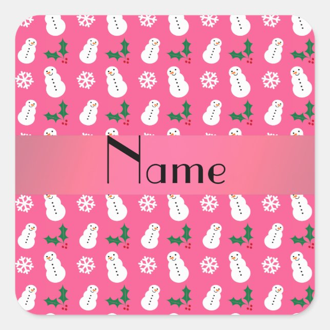 Personalized name pink snowman christmas square sticker (Front)