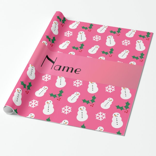 Personalized name pink snowman christmas wrapping paper (Unrolled)