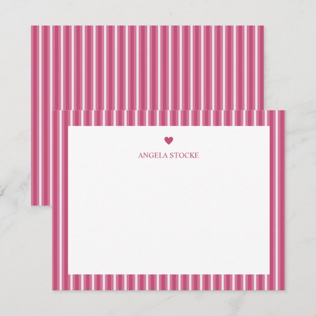 Personalized Name Pink Stripe Heart Note Card (Front/Back)