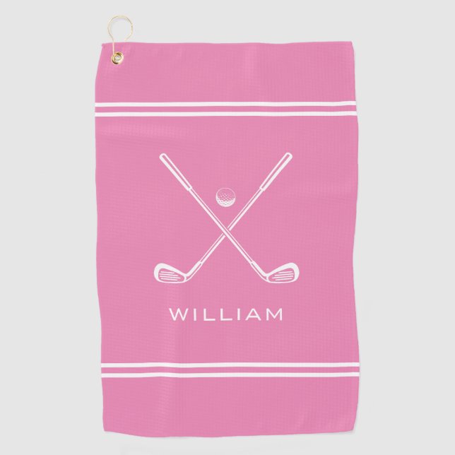 Personalized Name Pink Stripes Stylish Golf Towel (Front)