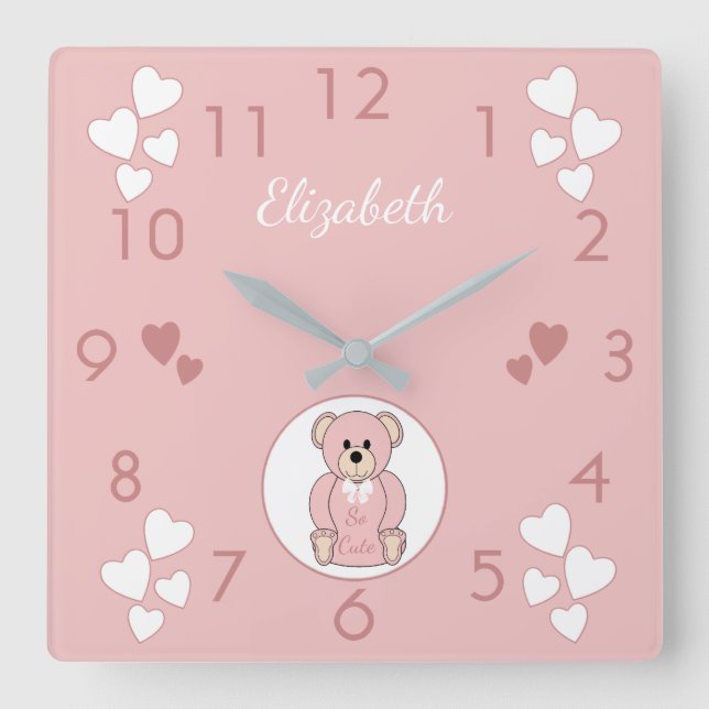 Personalized name Pink Teddy Bear baby Square Wall Clock (Front)