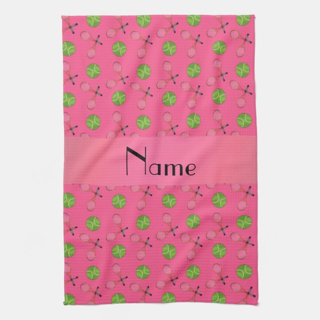 Personalized name pink tennis balls kitchen towel (Vertical)