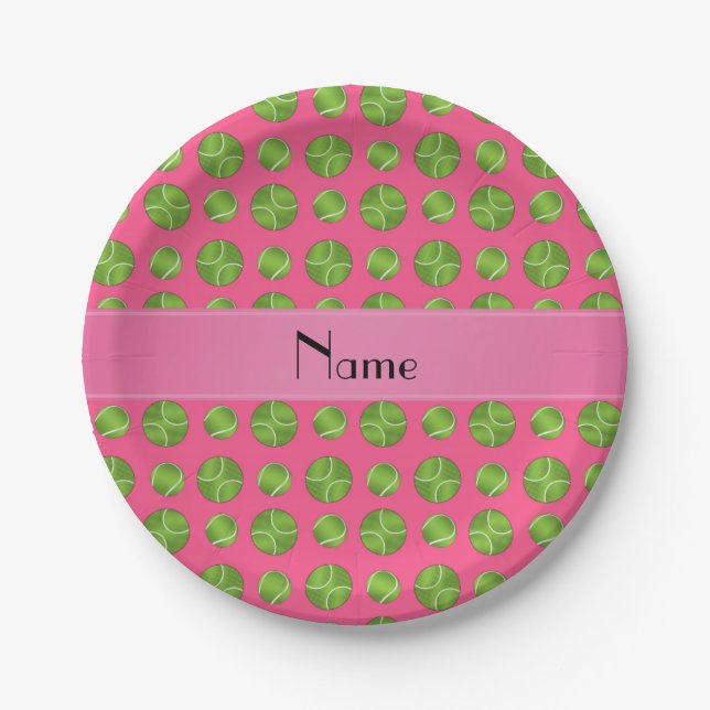 Personalized name pink tennis balls pattern paper plates (Front)