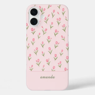 Personalized Name Pink Tulips iPhone 16 Plus Case
