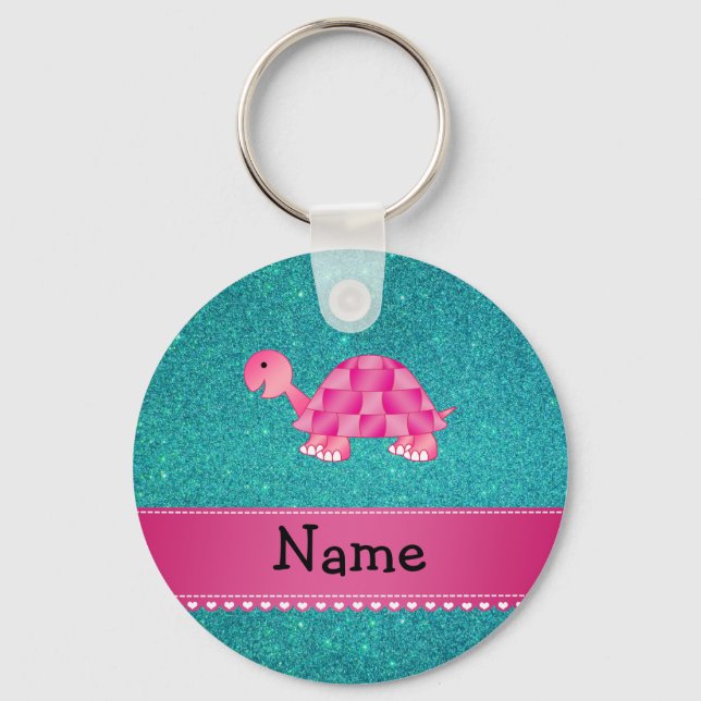 Personalized name pink turtle turquoise glitter keychain (Front)