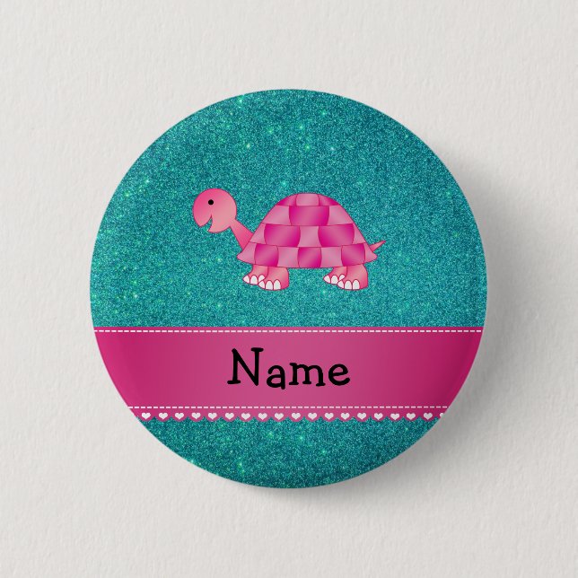 Personalized name pink turtle turquoise glitter pinback button (Front)