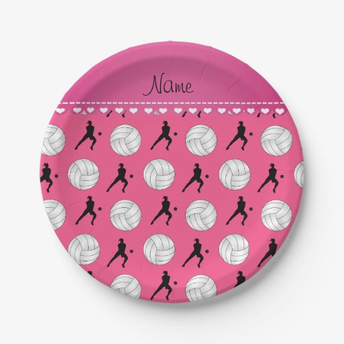 Personalized name pink volleyballs silhouettes paper plates