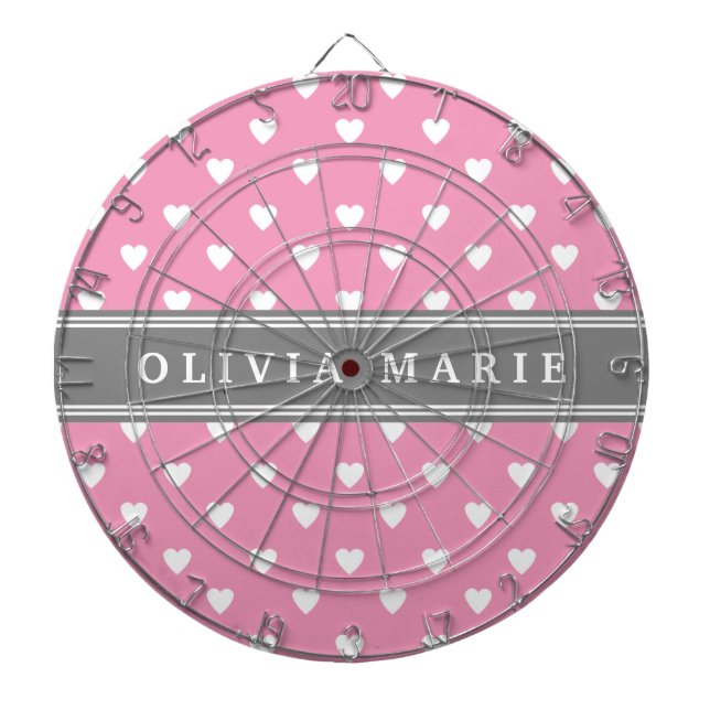 Personalized Name Pink White Heart Pattern Dartboard With Darts (Front)