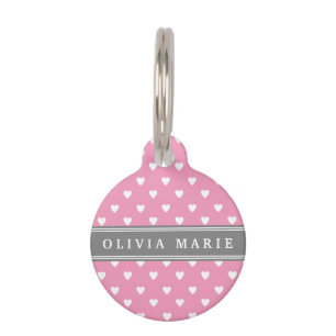 Personalized Name Pink White Heart Pattern Pet Name Tag