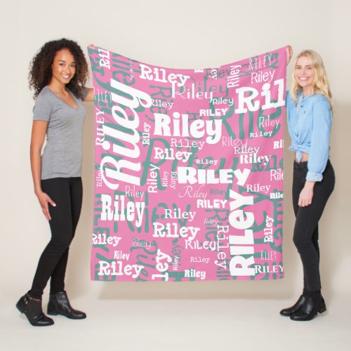 Personalized Name Pink White Repeat Typography Fleece Blanket