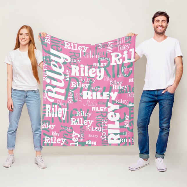 Personalized Name Pink White Repeat Typography Fleece Blanket (In Situ)