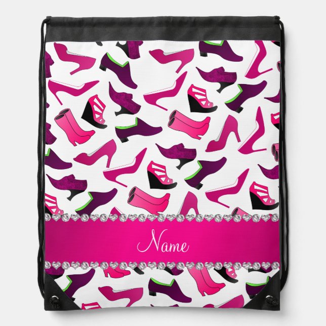 Personalized name pink white women's shoes pattern drawstring bag (Front)