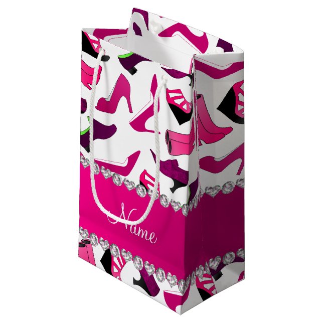 Personalized name pink white women's shoes pattern small gift bag (Front Angled)