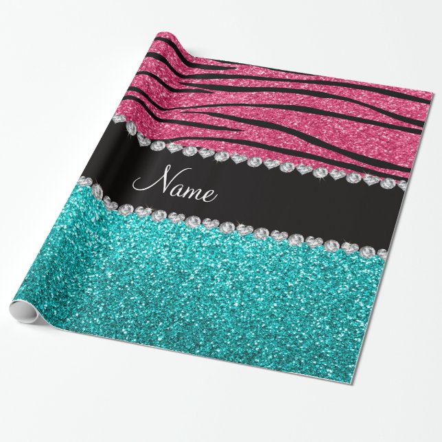 Personalized name pink zebra turquoise glitter wrapping paper (Unrolled)