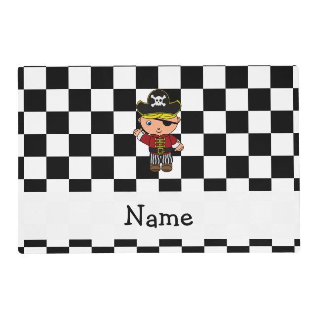 Personalized name pirate black white checkers placemat (Front)