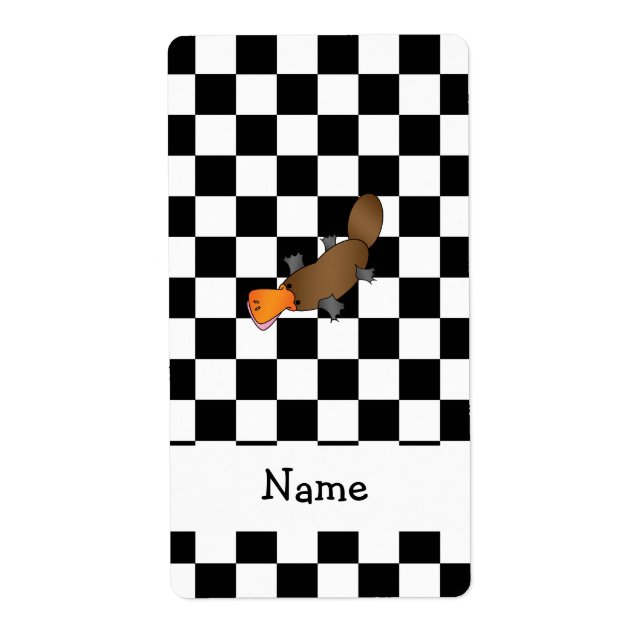Personalized name platypus black white checkers label (Front)