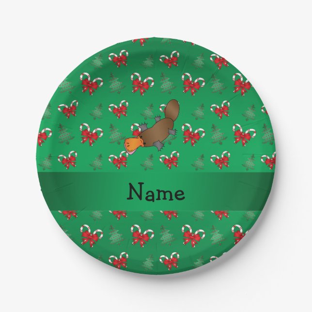 Personalized name platypus candy canes bows paper plates (Front)
