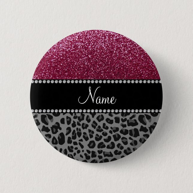Personalized name plum glitter black leopard button (Front)